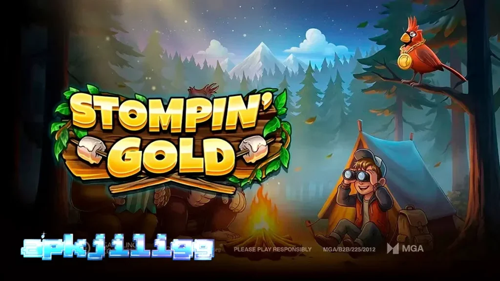 Tampilan visual slot Stompin’ Gold dengan karakter Bigfoot yang lucu dan latar belakang hutan berkabut.